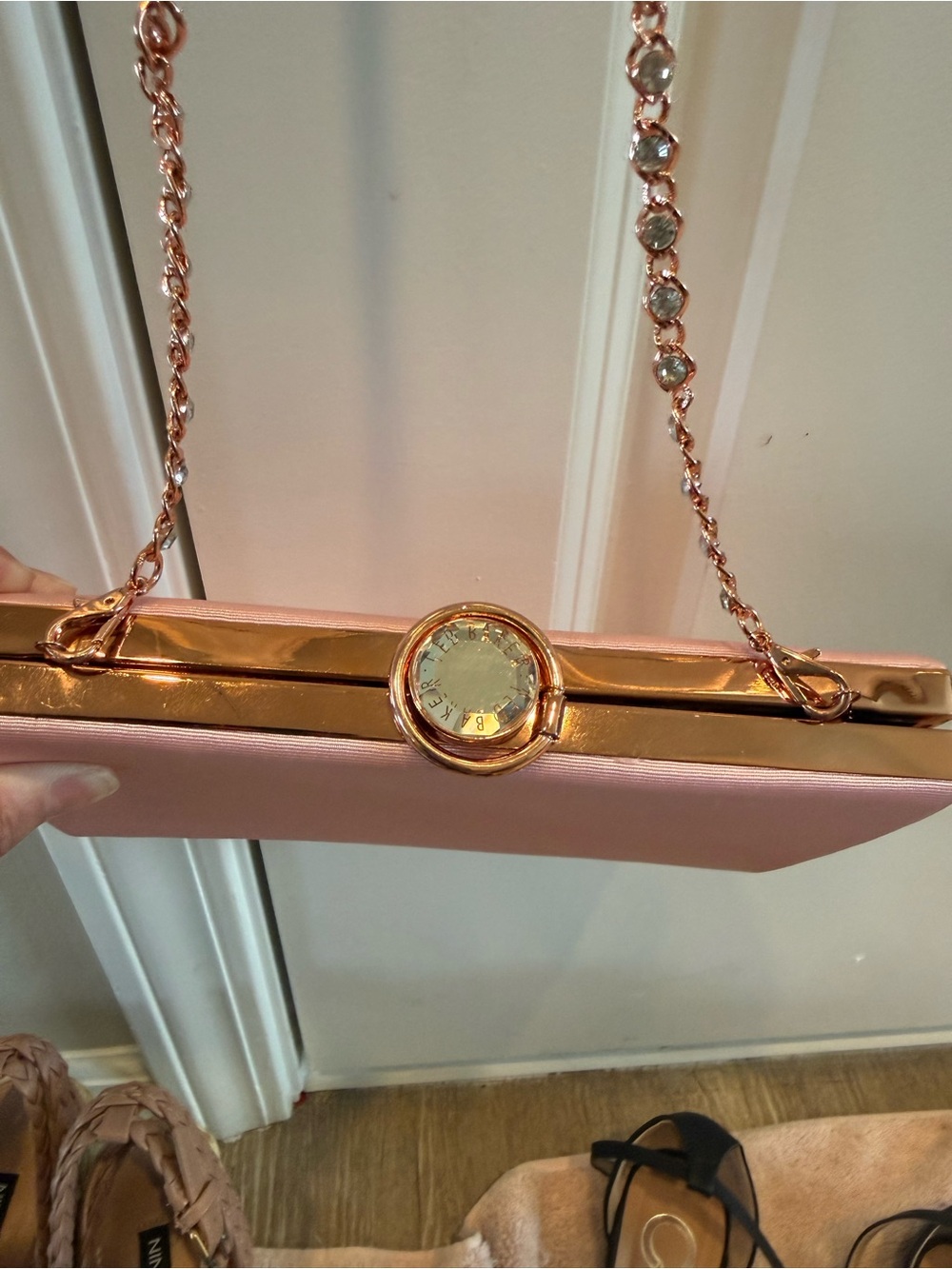 Ted Baker Pink Satin Chain Clutch with Gold Accent and Gems